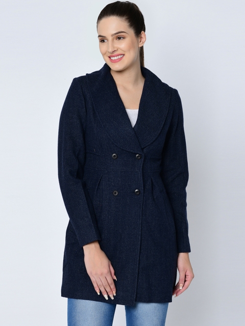 Owncraft Women Navy Blue Self-Design Wool Overcoat