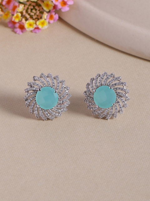 Voylla Silver-Plated & Green Handcrafted CZ-Embellished Circular Studs