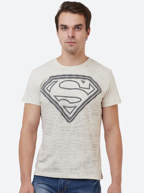 Free Authority Men Beige Superman Printed Round Neck T-shirt