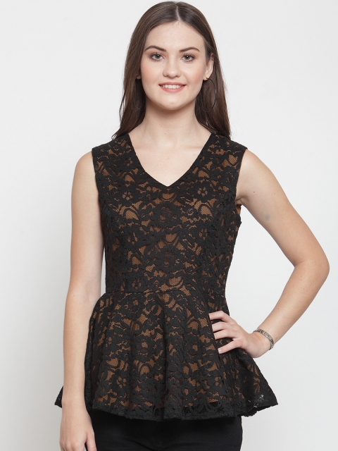Just Wow Women Black Self Design Peplum Top
