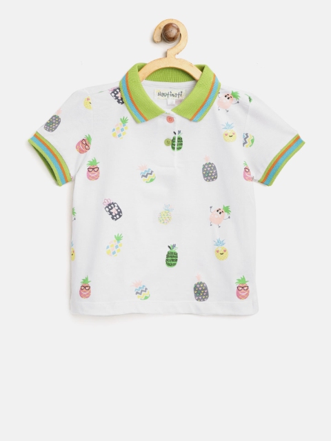 Nauti Nati Girls White Printed Polo Collar Pure Cotton T-shirt