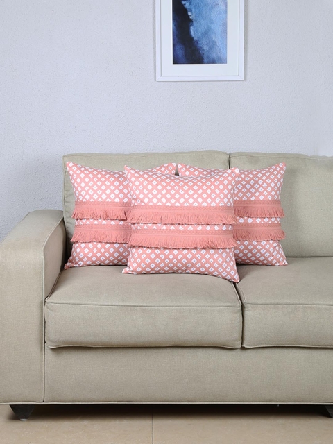 House This Pink & White Set of 3 Self Design Square Cushion Covers