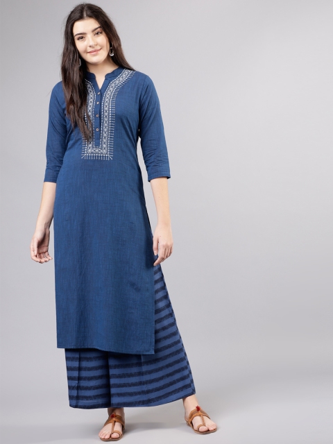 Vishudh Women Blue Yoke Design Slim Fit Kurta with Palazzos