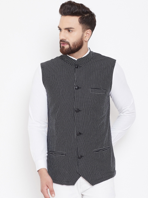 Hypernation Men Black & White Single-Breasted Nehru Jacket