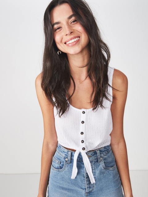 COTTON ON Women White Self Design Bonnie Button Through Tie-Up Crop Tank Top