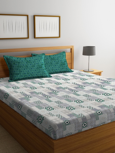 Portico New York Green Geometric TC Cotton 1 Bedsheet with 2 Pillow Covers