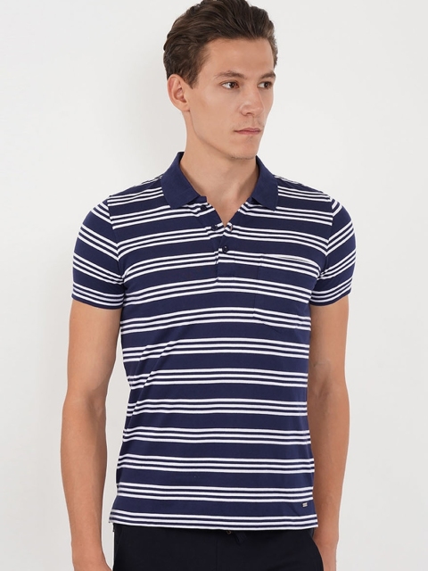 Sweet Dreams Men Navy Blue Striped Polo Collar T-shirt