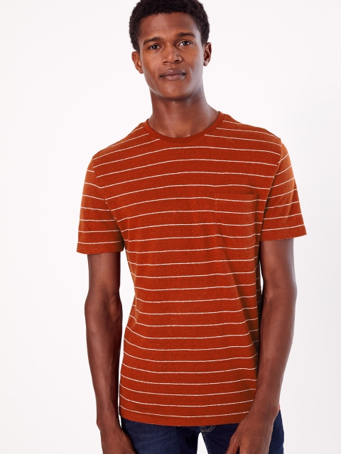 Marks & Spencer Men Orange & White Striped Linen Blend Round Neck T-shirt
