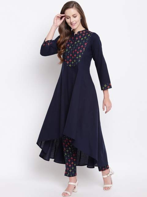 FABNEST Women Navy Blue Yoke Design A-Line Kurta