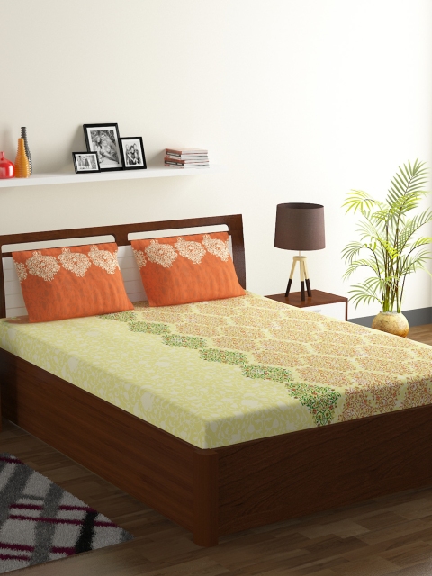 BOMBAY DYEING Yellow & Green Floral 104 TC Cotton 1 Queen Bedsheet with 2 Pillow Covers