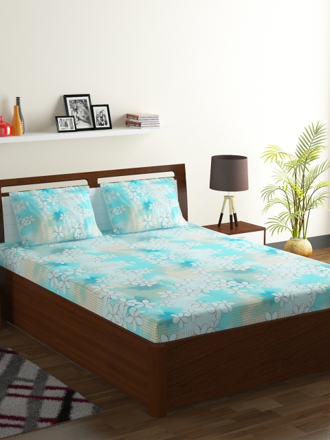 BOMBAY DYEING Blue & White Floral 104 TC Polycotton 1 Queen Bedsheet with 2 Pillow Covers