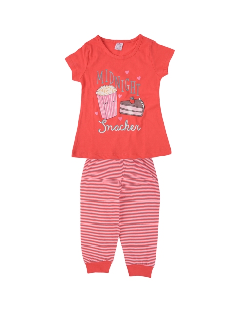 Smarty Girls Set of 2 Printed Night Suit, Orange