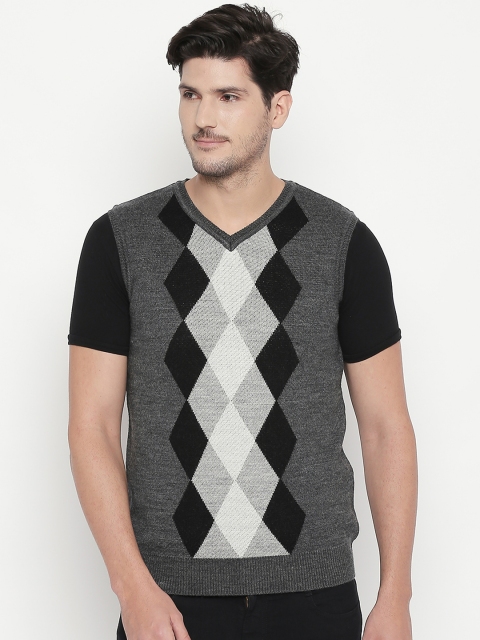 BYFORD by Pantaloons Men Grey Melange & White Self Design Sweater