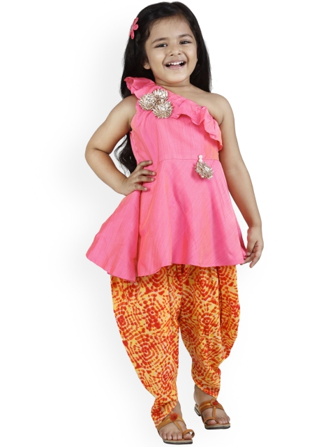 LilPicks Girls Coral & Orange Solid Kurta with Dhoti Pants