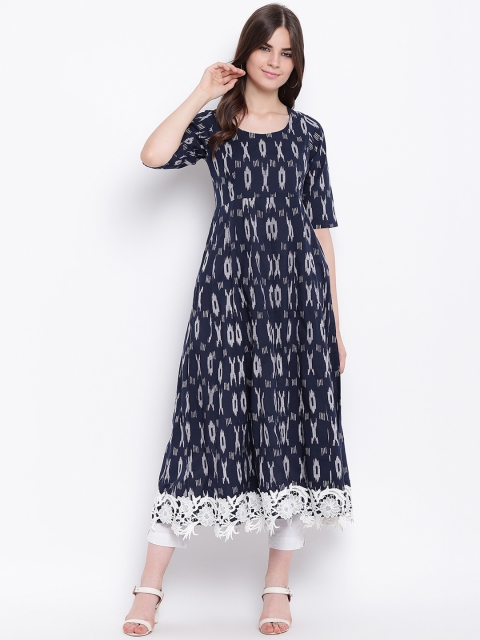 FABNEST Women Navy Blue & White Printed A-Line Kurta