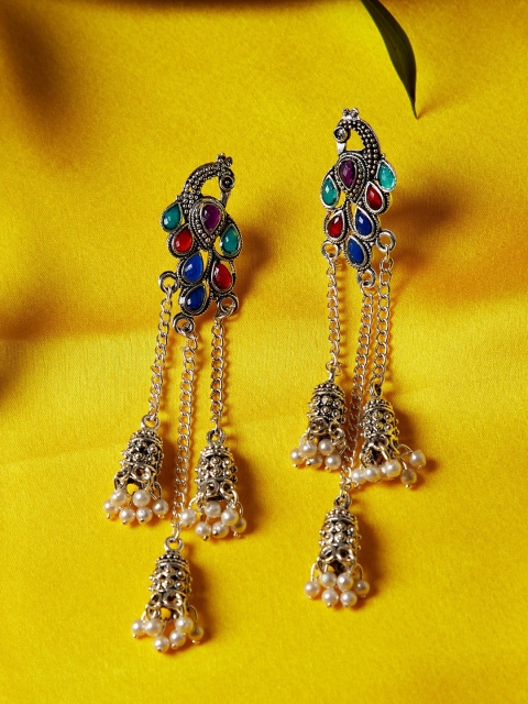 ZeroKaata Silver-Toned Handcrafted Peacock Shaped Jhumkas