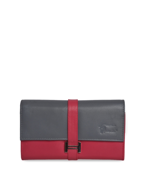 Peseta Women Grey & Pink Colourblocked Genuine Leather Three Fold Wallet