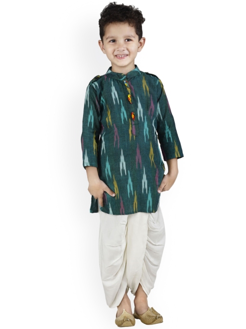 LilPicks Boys Green Printed Ikat Kurta with Dhoti Pants