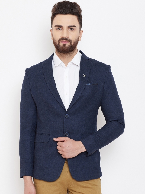 Canary London Men Navy Blue Self Design Slim-Fit Blazers