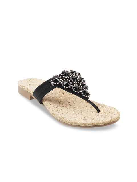 Metro Women Black Embellished T-Strap Flats
