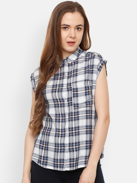 People Women Grey & White Regular Fit Checked Casual Shirt