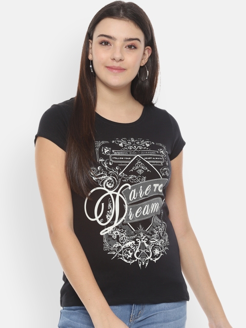 People Women Black Printed Round Neck T-shirt