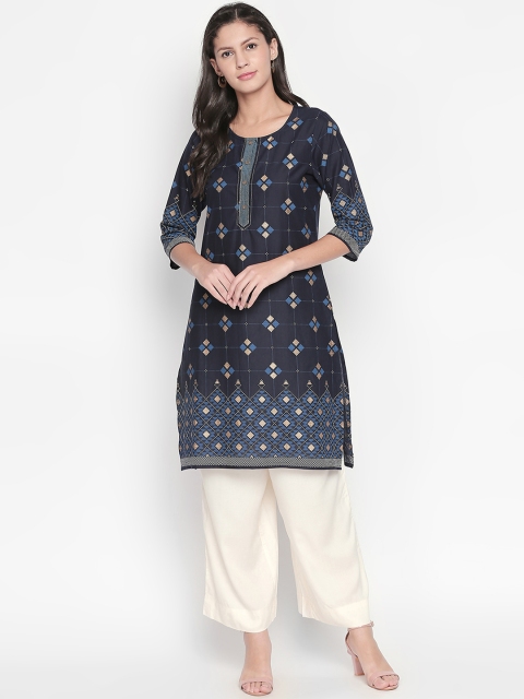 RANGMANCH BY PANTALOONS Women Blue & Beige Printed Straight Kurta