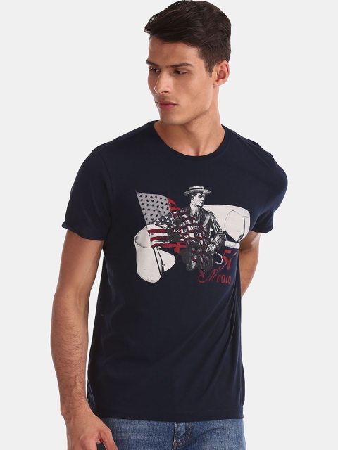 Arrow Sport Men Blue Printed Round Neck Pure Cotton T-shirt