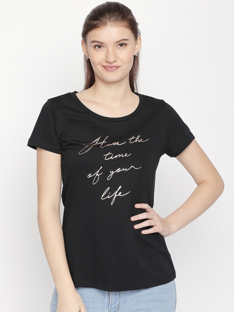Honey by Pantaloons Women Black Printed Round Neck Pure Cotton T-shirt