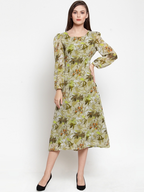 Just Wow Women Olive Green Floral Printed Fit and Flare Dress