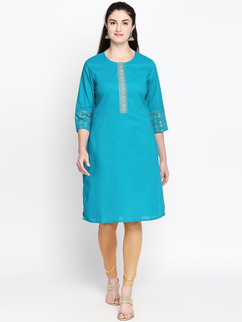 RANGMANCH BY PANTALOONS Women Turquoise Blue Printed Straight Kurta