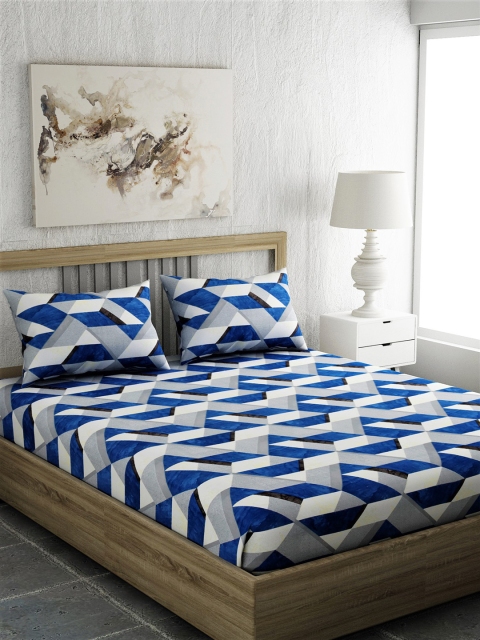 EverHOME Blue & Grey Geometric 144 TC Cotton 1 Queen Bedsheet with 2 Pillow Covers