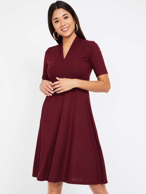 CODE by Lifestyle Women Burgundy Striped Fit and Flare Dress