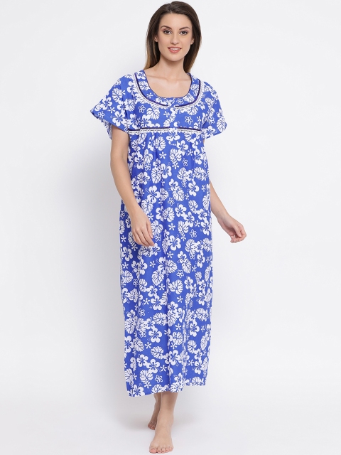 Clovia Women Blue & White Printed Maxi Nightdress