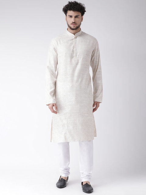 TABARD Men White Woven Design Silk Straight Kurta