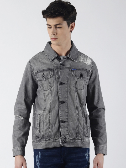 Blue Saint Men Grey Solid Denim Jacket