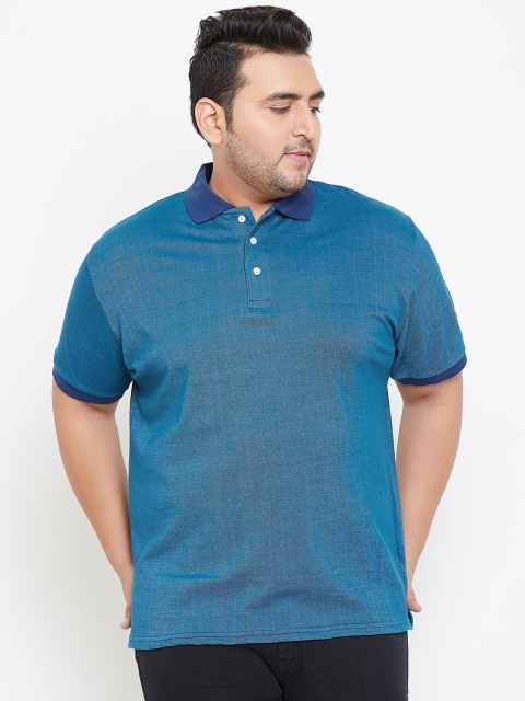 bigbanana Plus Size Men Blue Solid Polo Collar Bio Finish T-shirt