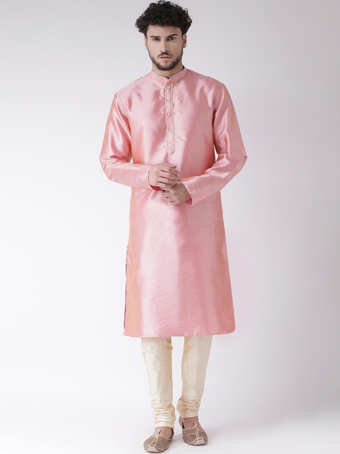 TABARD Men Pink Woven Design Silk Straight Kurta