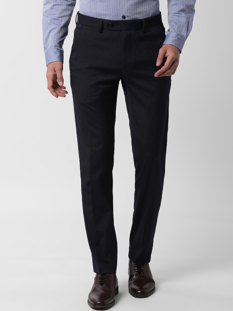 Peter England Men Navy Blue Slim Fit Self Design Formal Trousers