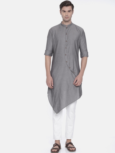 Freehand Men Grey Solid Straight Kurta