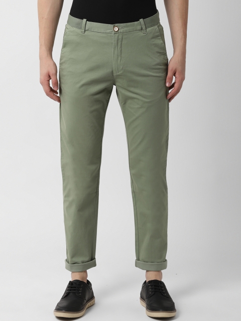 Peter England Casuals Men Olive Green Slim Fit Solid Regular Trousers