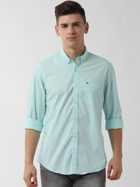 Peter England Casuals Men Turquoise Blue Regular Fit Self Design Casual Shirt