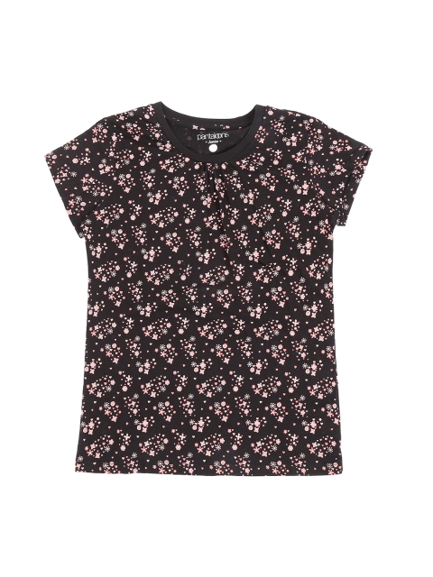 POPPERS by Pantaloons Girls Black Pink Printed Round Neck Pure Cotton T-shirt