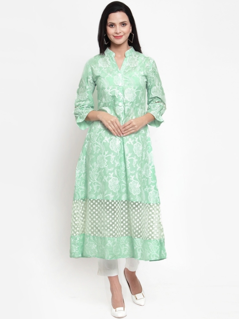 Get Glamr Women Green & White Block Printed A-Line Kurta