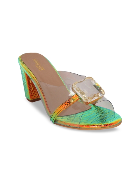SCENTRA Women Fluorescent Green & Transparent Embellished Heels