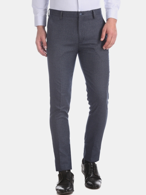 Arrow Men Blue Super Slim Fit Self Design Formal Trousers