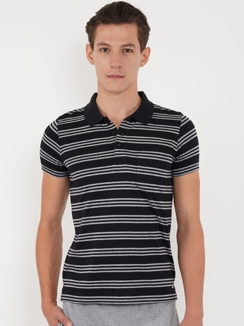 Sweet Dreams Men Black & Grey Striped Polo Collar Lounge Tshirt