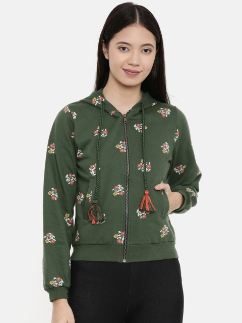 Chumbak Women Olive Green Printed Hooded Sweatshirt