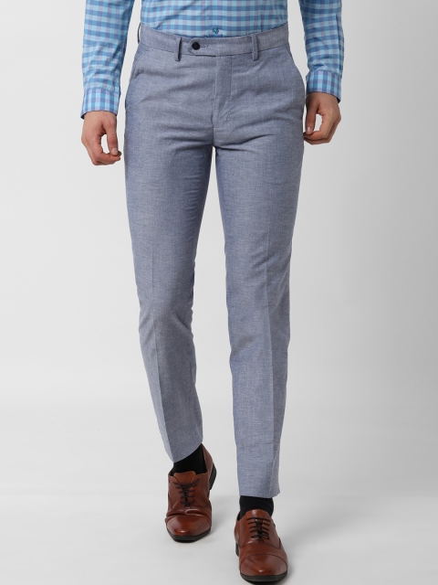 Peter England Men Blue Slim Fit Self Design Regular Trousers