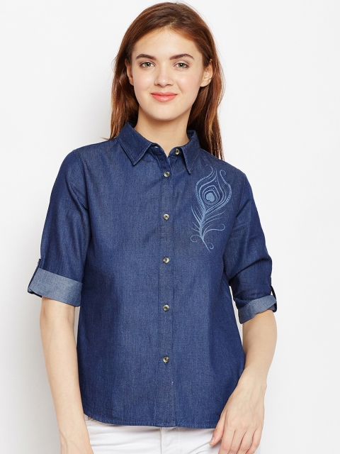 AASK Women Blue Comfort Regular Fit Printed Casual Denim Shirt